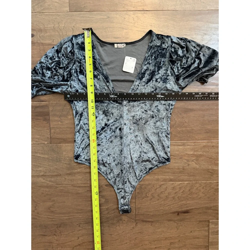 NWT Free People Intimately Blue Crushed‎ Velvet Puff Sleeve Bodysuit OB1585115 S